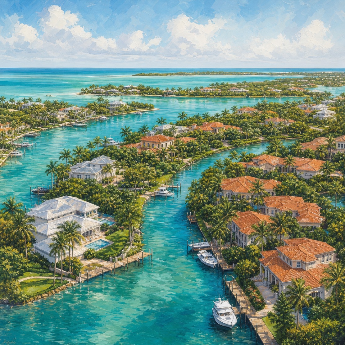 Aerial view of an upscale Southwest Florida waterfront community with canals and docks