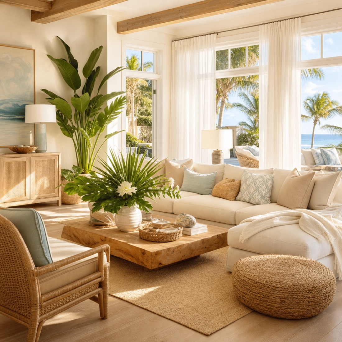 Bright, airy coastal living room of an upscale Southwest Florida vacation home