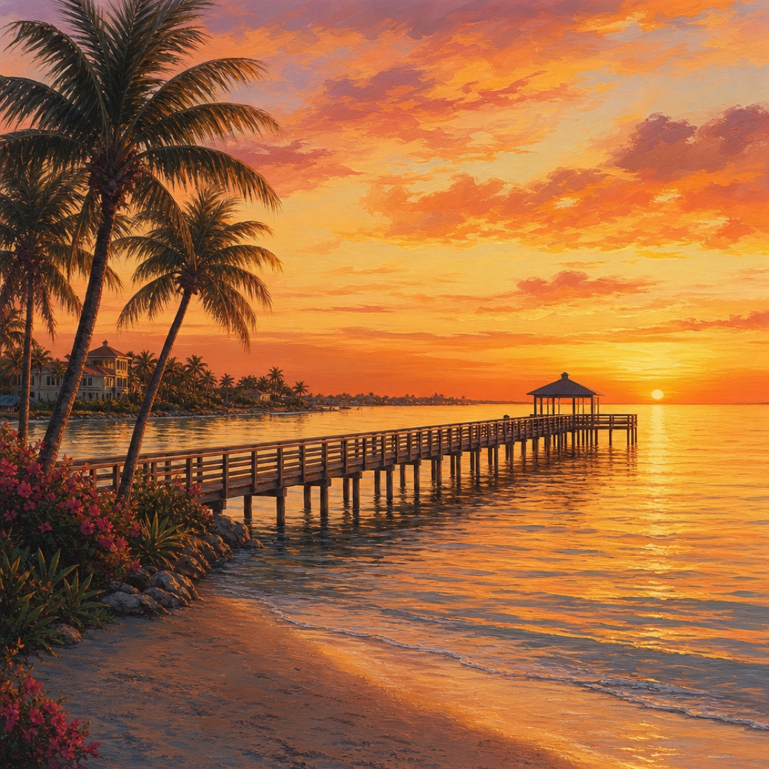 Naples Florida fishing pier at sunset over calm Gulf waters