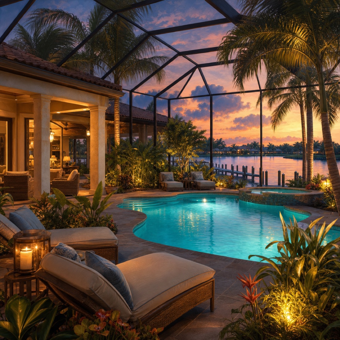 Private screened pool and lanai of a luxury Florida waterfront home at dusk