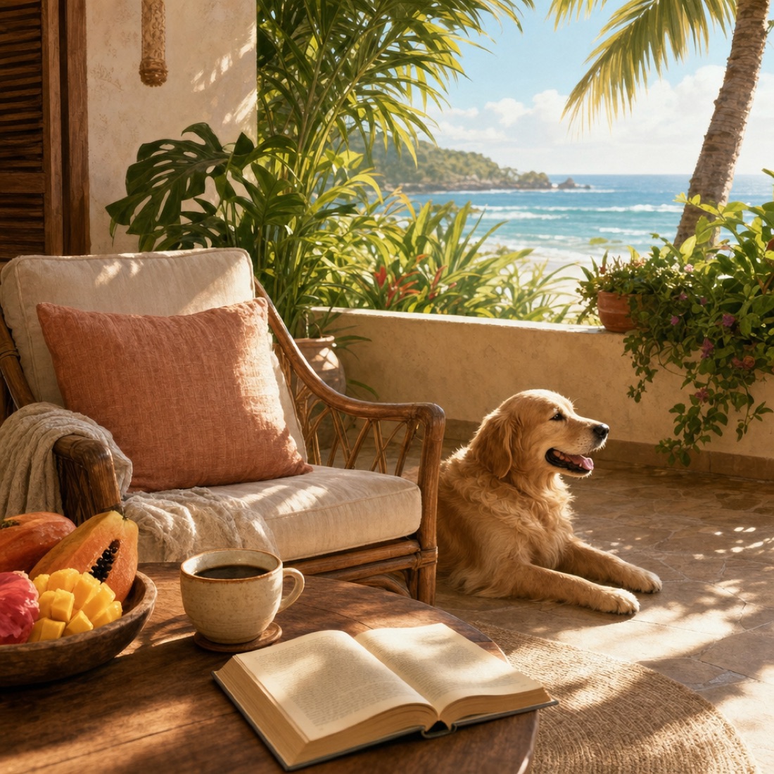 Cozy sunlit coastal patio with coffee and a dog resting in the shade of palm fronds