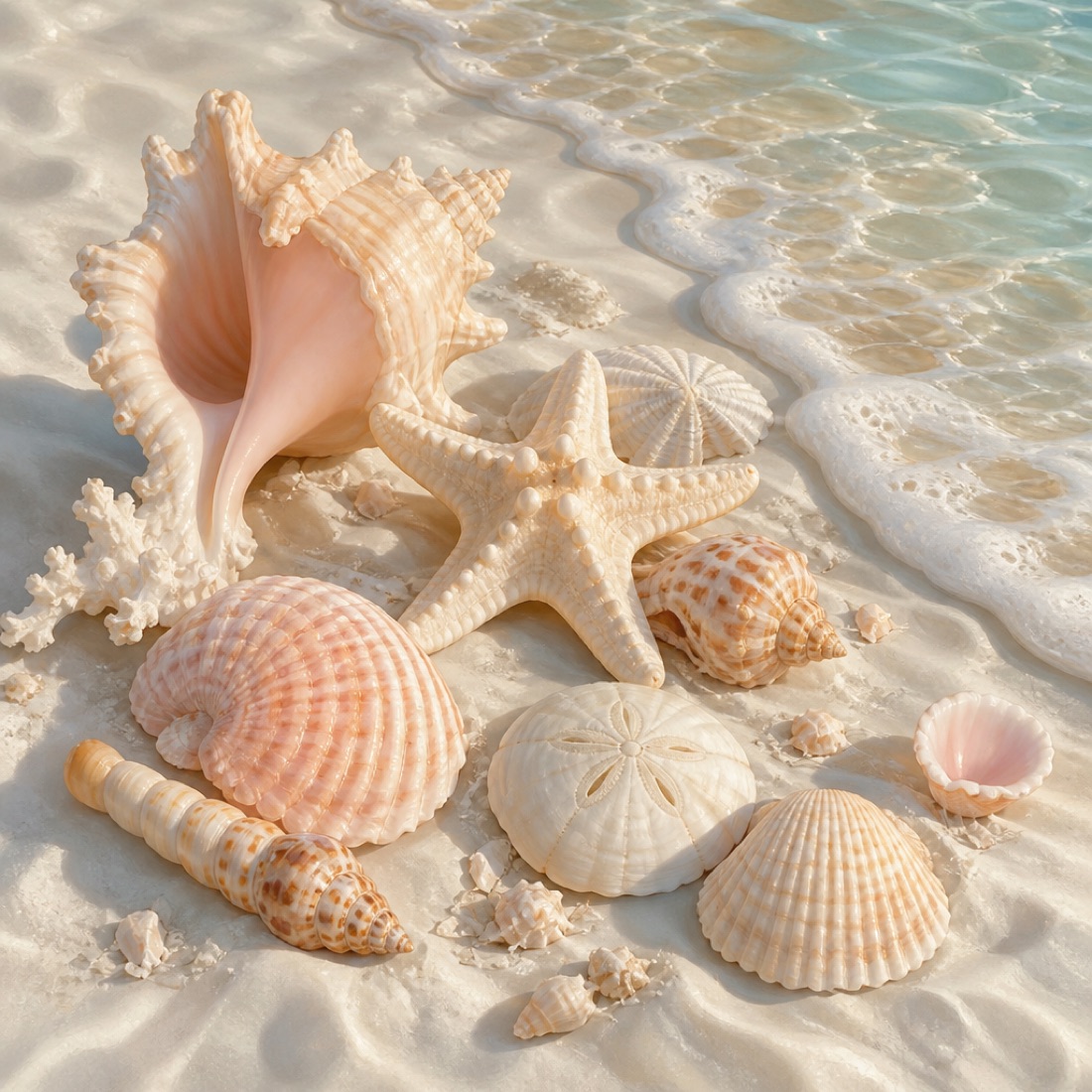 Seashells and a starfish on the white sand of a Marco Island beach